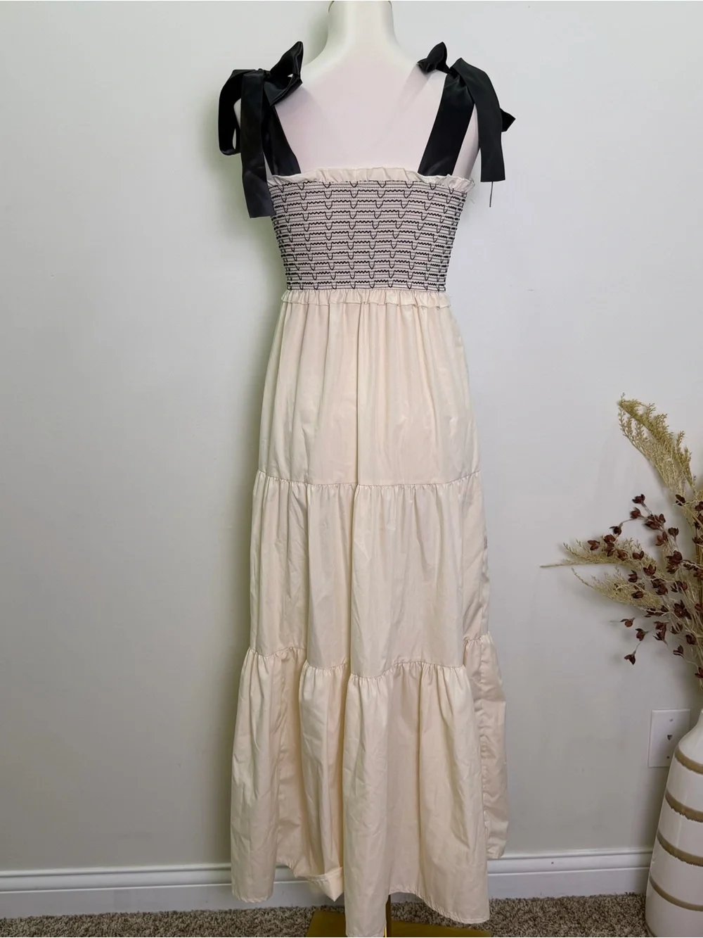 Smocked Bodice Tie-Shoulder Maxi Dress — Cream with Black Details Size Small - Picture 4 of 7